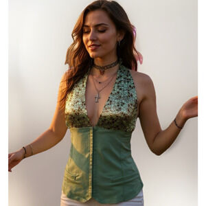 VTG Y2K Luly K Halter Top Womens Lrg Sage Corset Fairy Boho Mermaid Deadstock